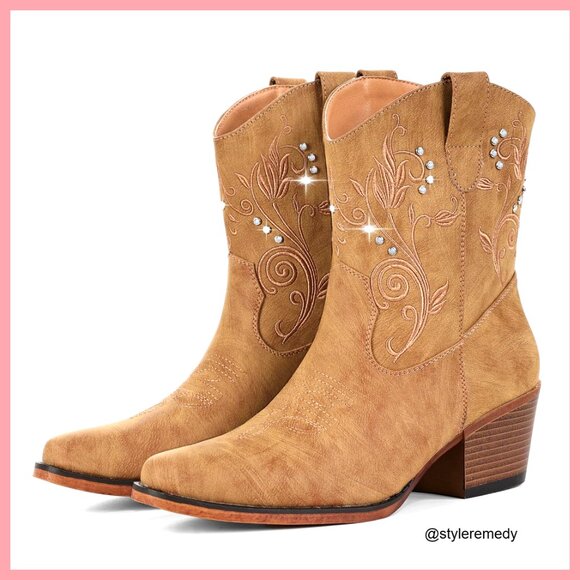 81E-qniOIXL._AC_UY900_.jpg Faux Leather Ankle Cowboy Boots with Embroidered Rhinestone Decor Chunky Heel
